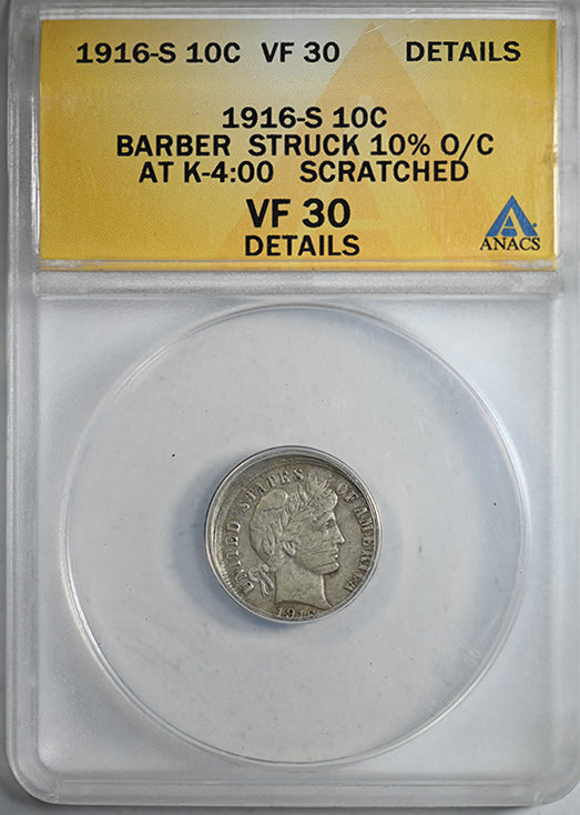 1916-S Barber Dime 10C ANACS Mint Error VF30 Details - 10% Off Center Obverse Slab