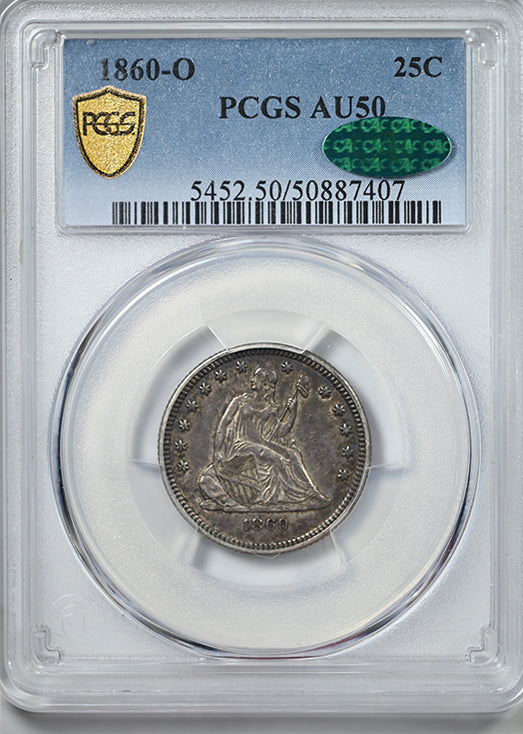 1860-O Liberty Seated Quarter 25C PCGS AU50 CAC