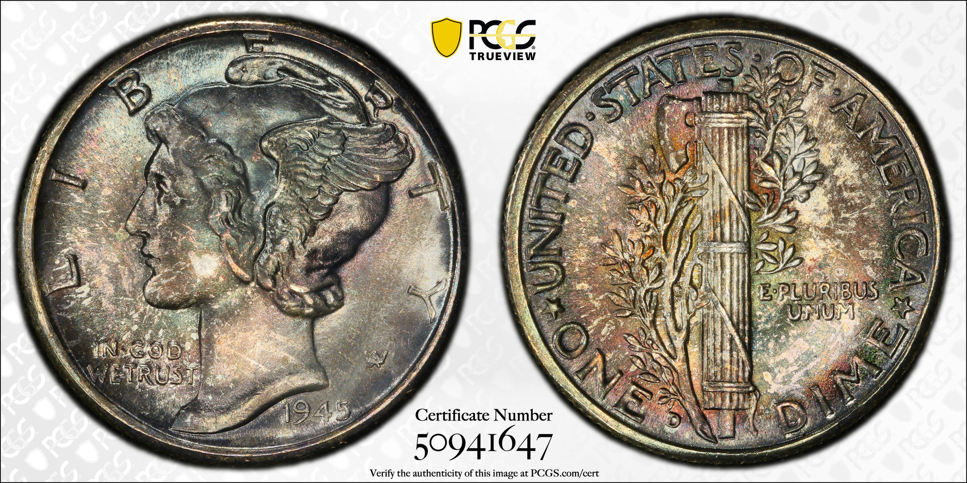 1945-D Mercury Dime 10C PCGS MS67FB Full Bands - TONED!