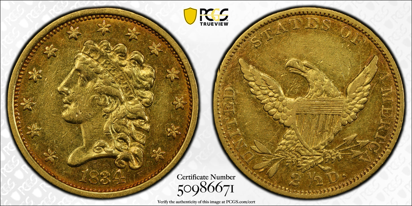 1834 Classic Head Gold Quarter Eagle $2.50 PCGS AU50 - NICE COLOR!