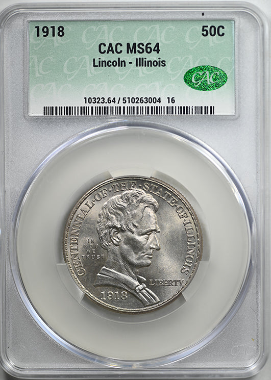 1918 Lincoln Illinois Classic Commemorative Half Dollar 50C CAC MS64