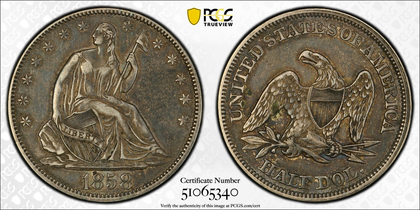 1858 Liberty Seated Half Dollar 50C PCGS XF40 CAC