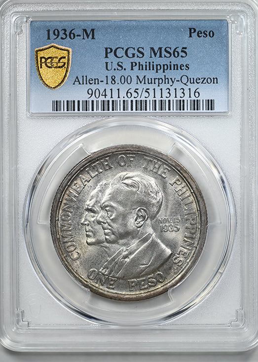 1936-M U.S. Philippines Peso PCGS MS65 - Allen-18.00 Murphy-Quezon