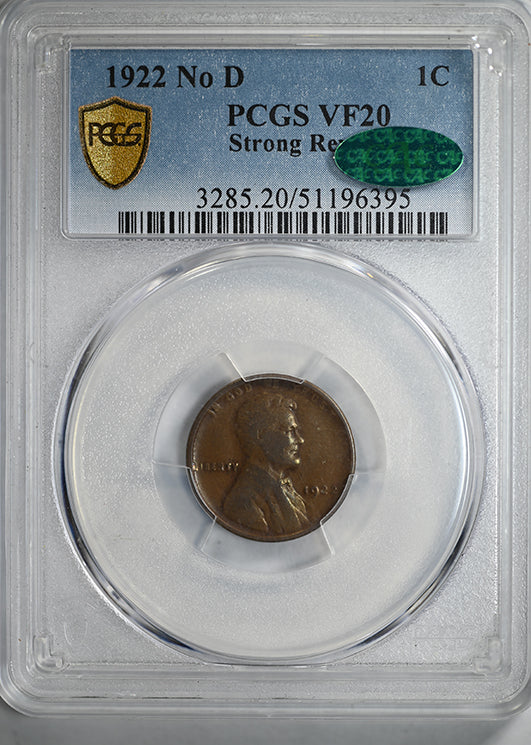 1922 No D Lincoln Wheat Cent 1C PCGS VF20 CAC - Strong Reverse