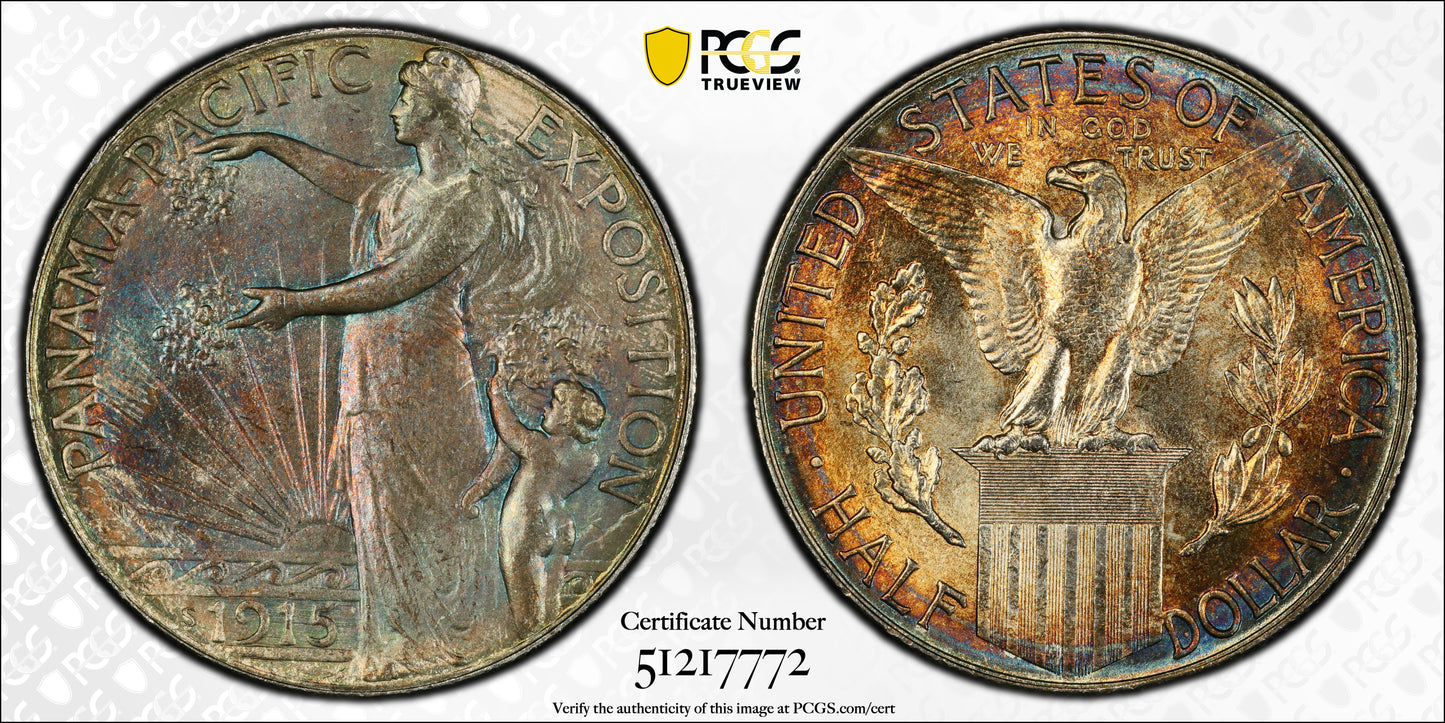 1915-S Panama Pacific Classic Commemorative Half Dollar 50C PCGS MS65 - TONED!