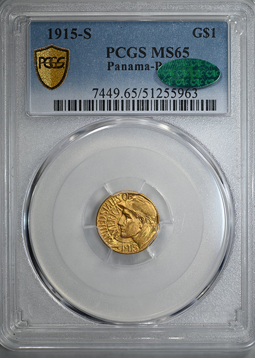 1915-S Panama-Pacific Classic Commemorative Gold Dollar G$1 PCGS MS65 CAC with Original Envelope