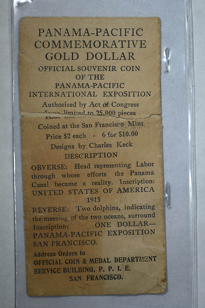 1915-S Panama-Pacific Classic Commemorative Gold Dollar G$1 PCGS MS65 CAC with Original Envelope