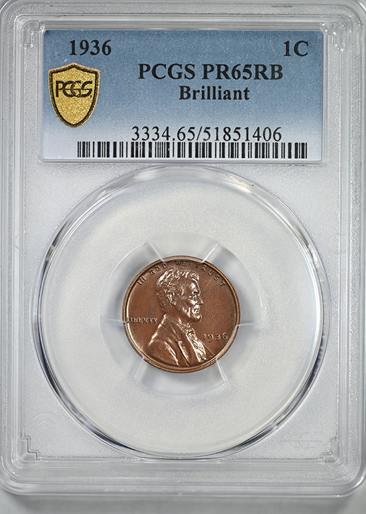 1936 Proof Lincoln Wheat Cent 1C PCGS PR65RB - Brilliant