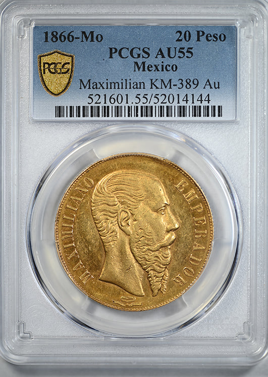 1866-Mo Mexico Gold 20 Peso G20P PCGS AU55 - Maximilian KM-389 Au
