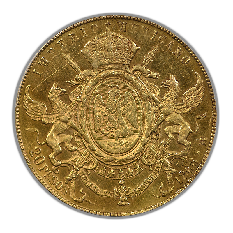 1866-Mo Mexico Gold 20 Peso G20P PCGS AU55 - Maximilian KM-389 Au