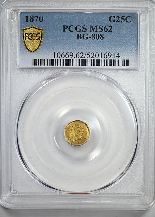 1870 Round California Fractional Gold Liberty Head 1/4 Dollar G25C PCGS MS62 BG-808