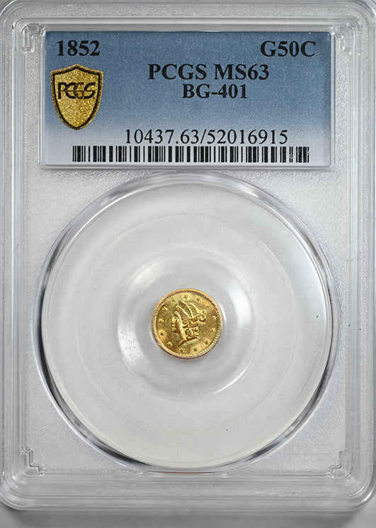 1852 Round California Fractional Gold Liberty Head 1/2 Dollar G50C PCGS MS63 BG-401