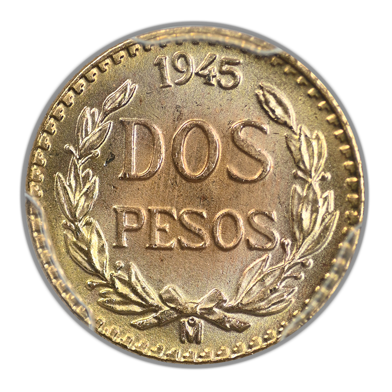 1945-Mo Mexico Gold 2 Peso Dos Pesos PCGS MS68 Modern Restrike - TONED!