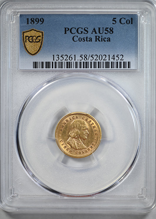 1899 Costa Rica Gold 5C Colones PCGS AU58