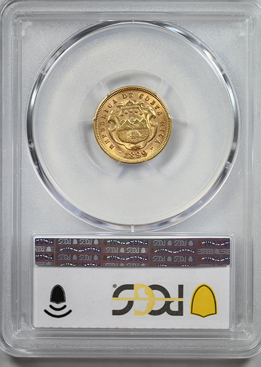 1899 Costa Rica Gold 5C Colones PCGS AU58