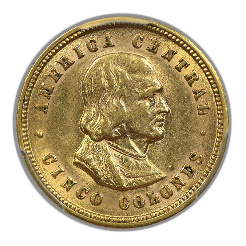 1899 Costa Rica Gold 5C Colones PCGS AU58