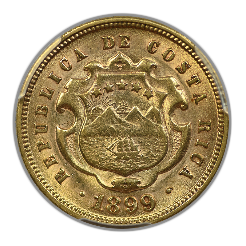 1899 Costa Rica Gold 5C Colones PCGS AU58