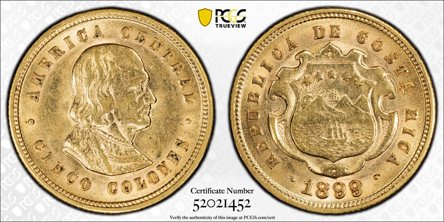 1899 Costa Rica Gold 5C Colones PCGS AU58