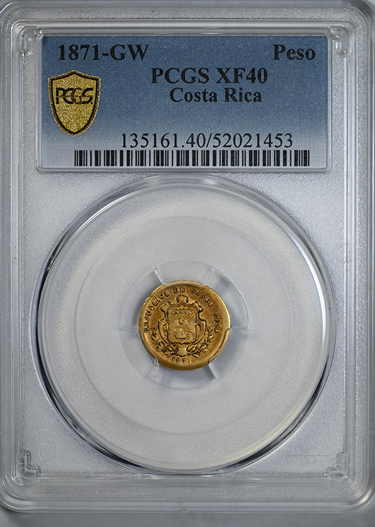 1871-GW Costa Rica Gold Peso PCGS XF40