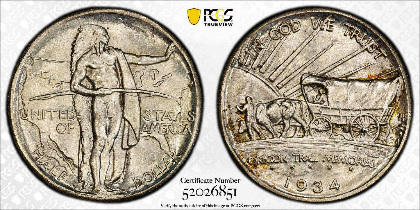 1934-D Oregon Trail Classic Commemorative Half Dollar 50C PCGS MS65