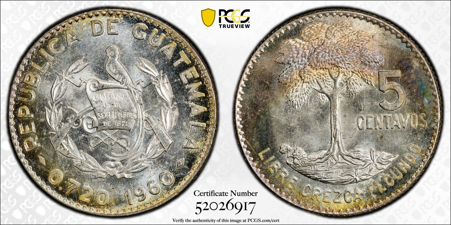 1960 Guatemala 5C Centavos PCGS MS66 - TONED!