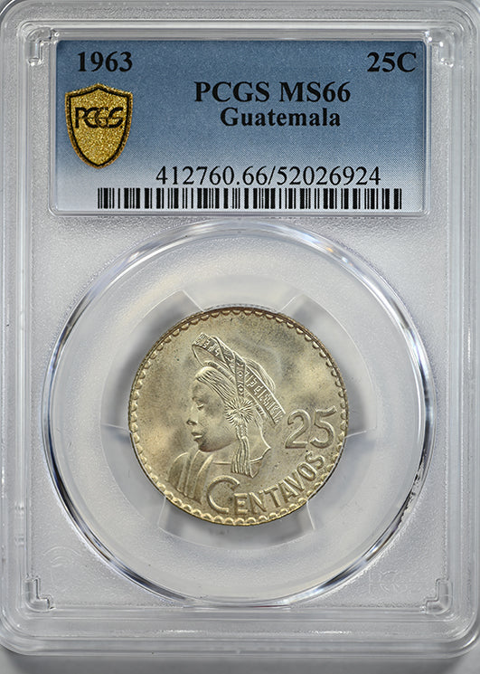 1963 Guatemala 25C Centavos PCGS MS66
