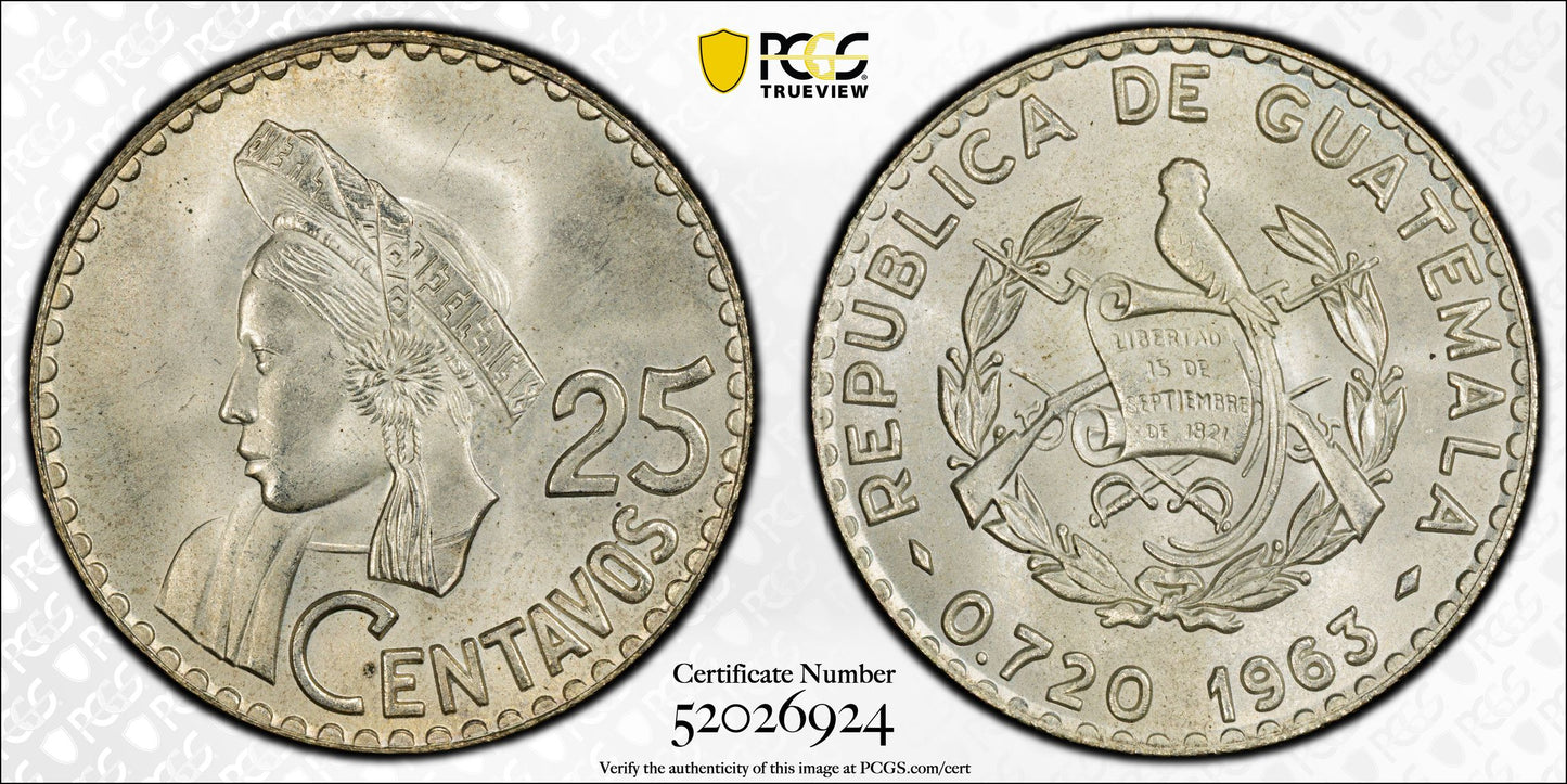 1963 Guatemala 25C Centavos PCGS MS66