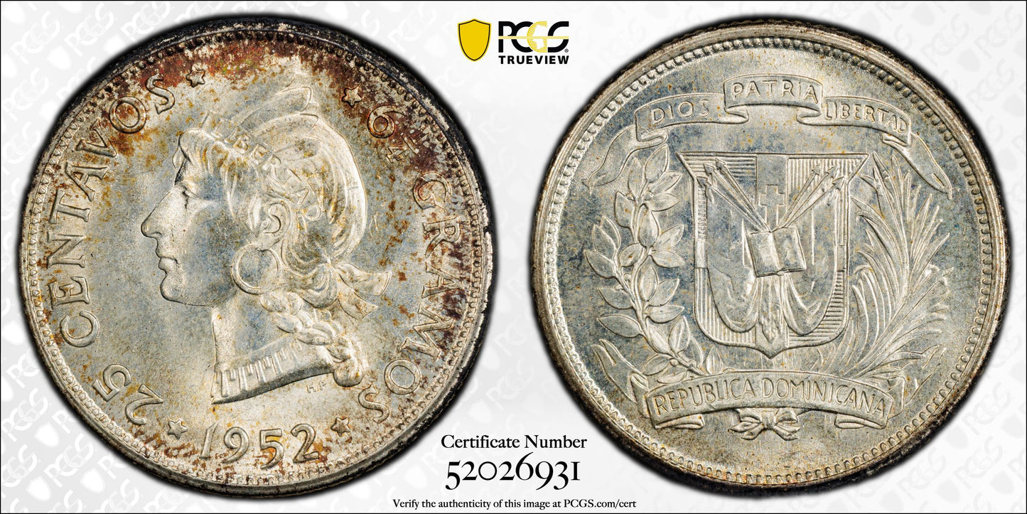 1952 Dominican Republic 25C Centavos PCGS MS66