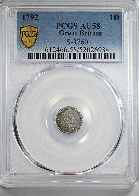 1792 Great Britain Silver 1D Penny Pence Maundy PCGS AU58 S-3760