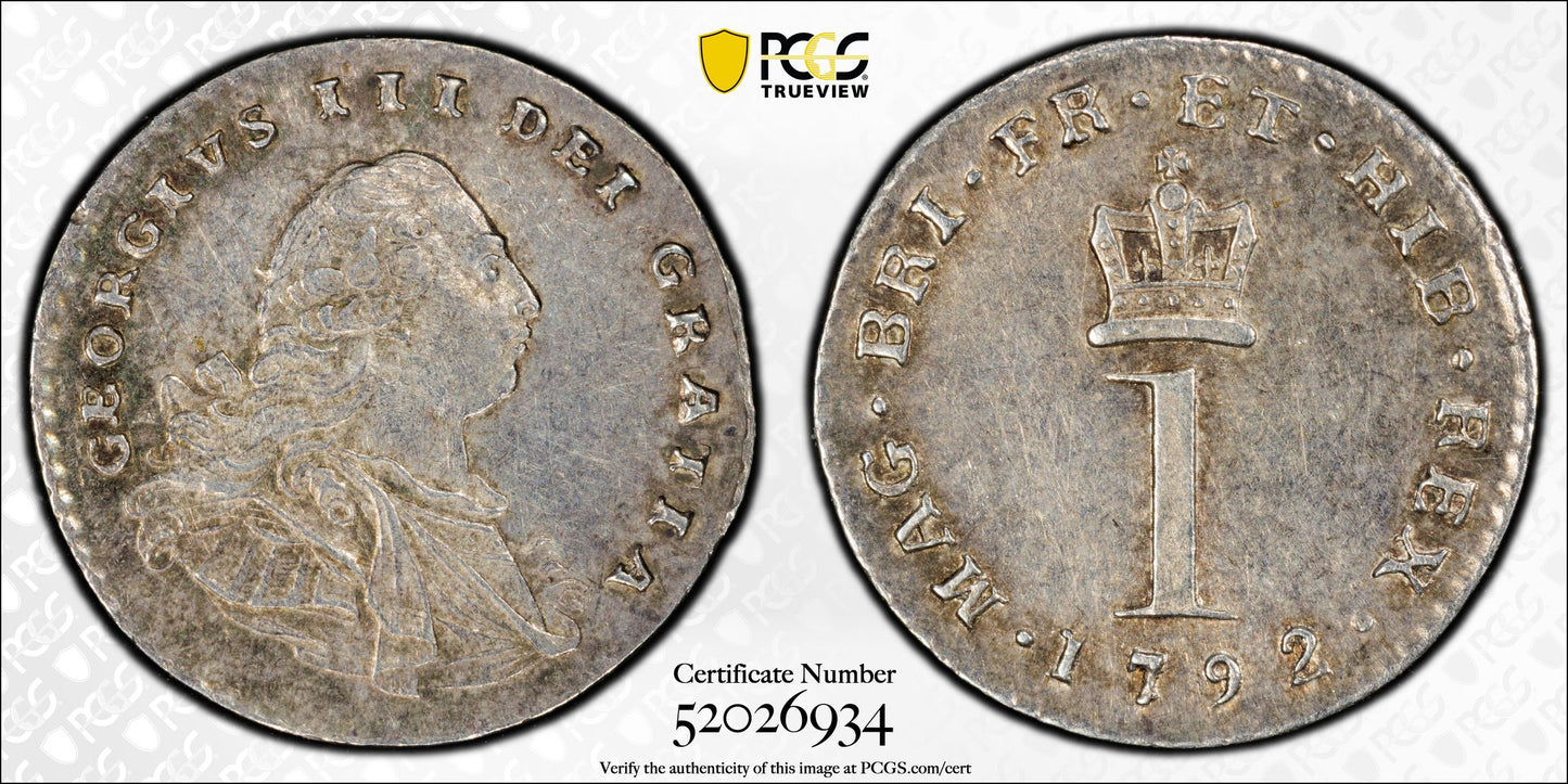 1792 Great Britain Silver 1D Penny Pence Maundy PCGS AU58 S-3760