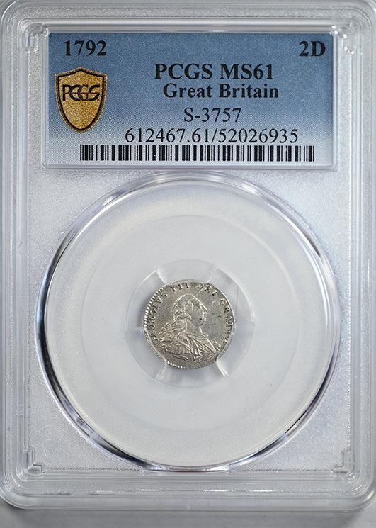1792 Great Britain Silver 2D Pence Maundy PCGS MS61 S-3757