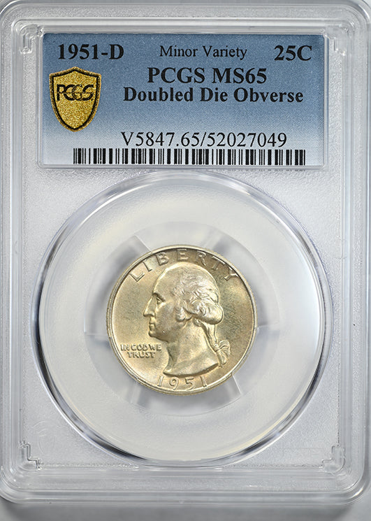1951-D Doubled Die Obverse Washington Quarter 25C PCGS MS65