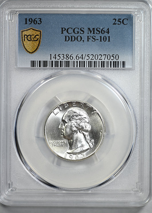 1963 Doubled Die Obverse Washington Quarter 25C PCGS MS64 - DDO, FS-101