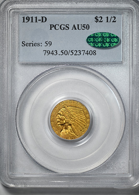 1911-D Indian Head Gold Quarter Eagle $2.50 PCGS AU50 CAC - Strong D