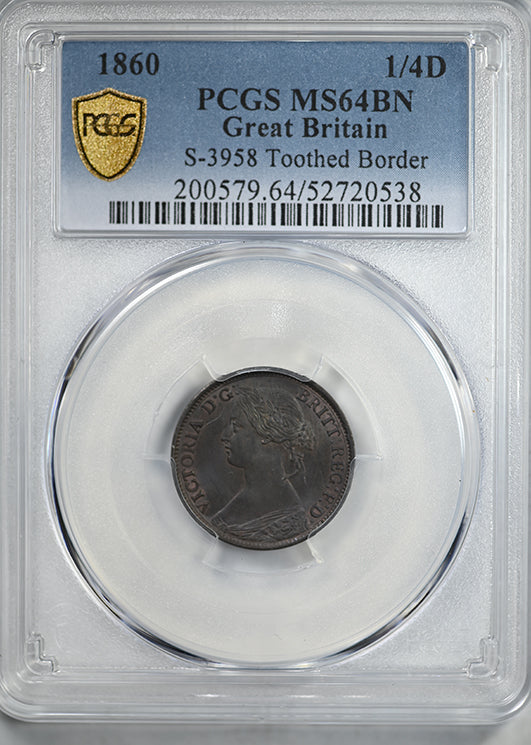 1860 Great Britain 1/4D Farthing PCGS MS64BN S-3958 Toothed Border