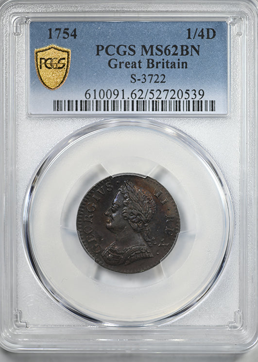 1754 Great Britain 1/4D Farthing PCGS MS62BN S-3722