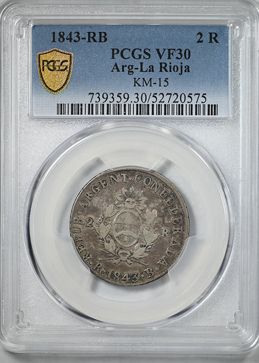 1843-RB Argentina La Rioja 2R Reales PCGS VF30 KM-15