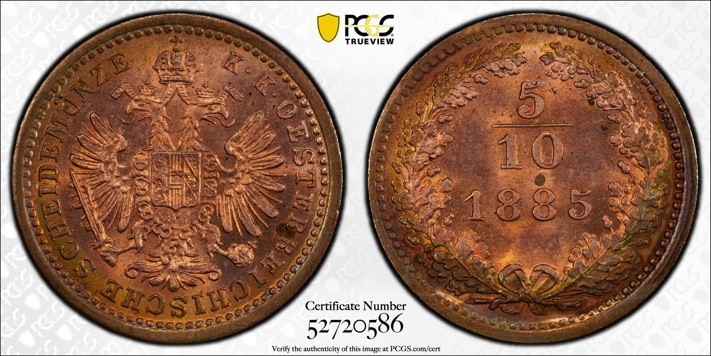 1885 Austria 5/10K Kreuzer PCGS MS65RB KM-2183 Small Eagle