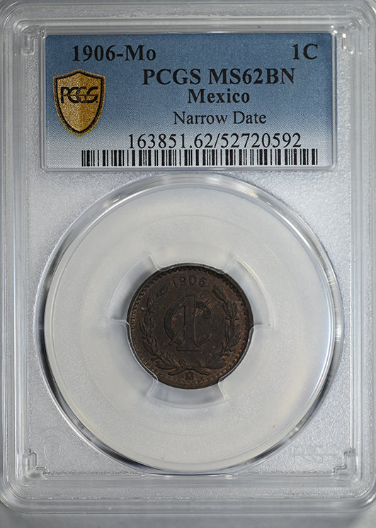 1906-Mo Mexico 1C Centavo PCGS MS62BN - Narrow Date