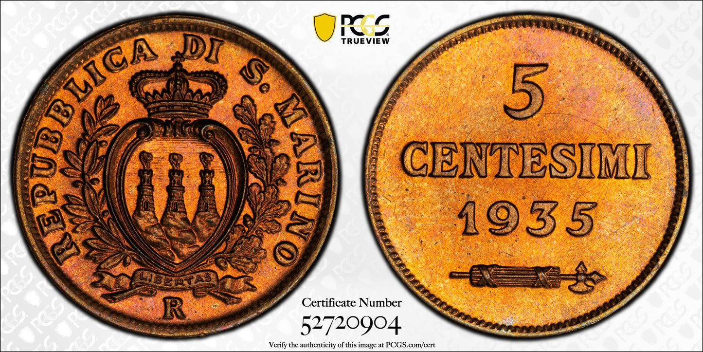 1935-R San Marino 5C Centesimi PCGS MS66RB - TOP POP!