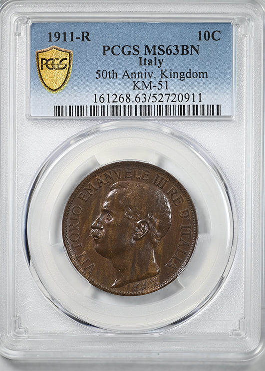 1911-R Italy 10C Centesimi PCGS MS63BN KM-51 50th Anniversary Kingdom