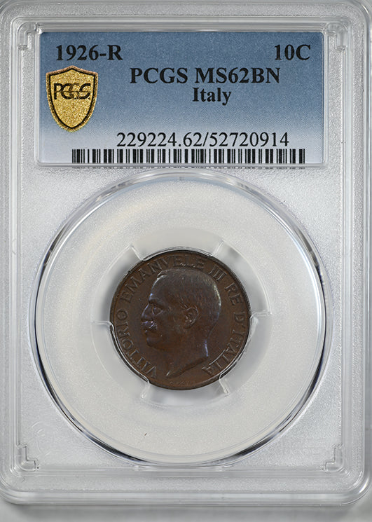 1926-R Italy 10C Centesimi Honeybee on Flower PCGS MS62BN - TONED!