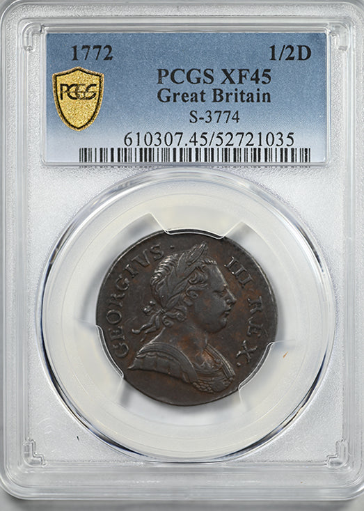 1772 Great Britain 1/2D Half Penny PCGS XF45 S-3774