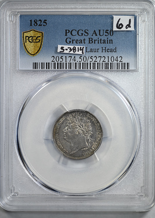 1825 Great Britain 6D Pence Sixpence PCGS AU50 S-3814 Laur Head