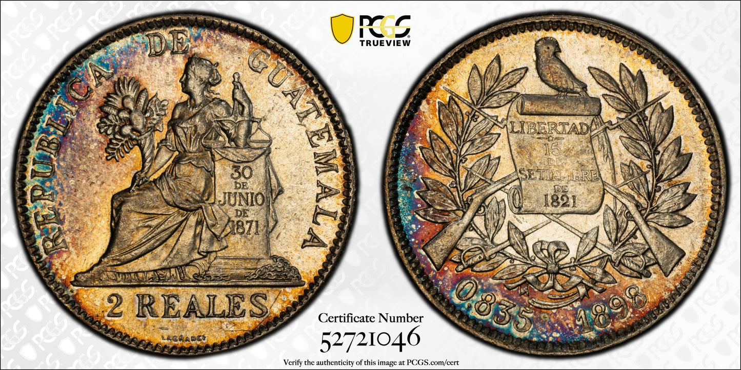 1898 Guatemala 2R Reales PCGS AU58 - TONED!