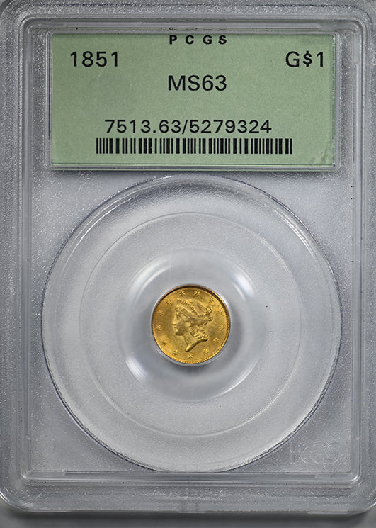 1851 Type 1 Liberty Head Gold Dollar G$1 PCGS MS63 OGH