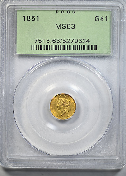 1851 Type 1 Liberty Head Gold Dollar G$1 PCGS MS63 OGH