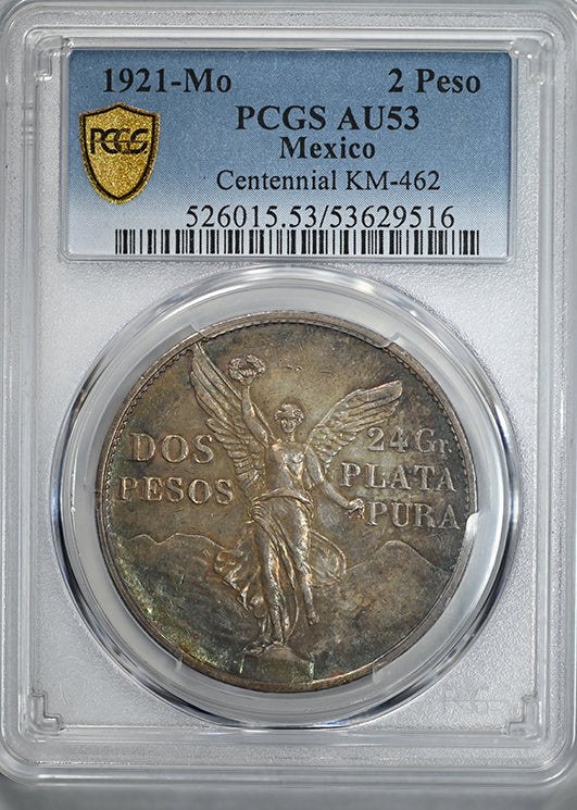 1921-Mo Mexico Silver Dos Pesos S2P PCGS AU53 - Centennial KM-462 - TONED!