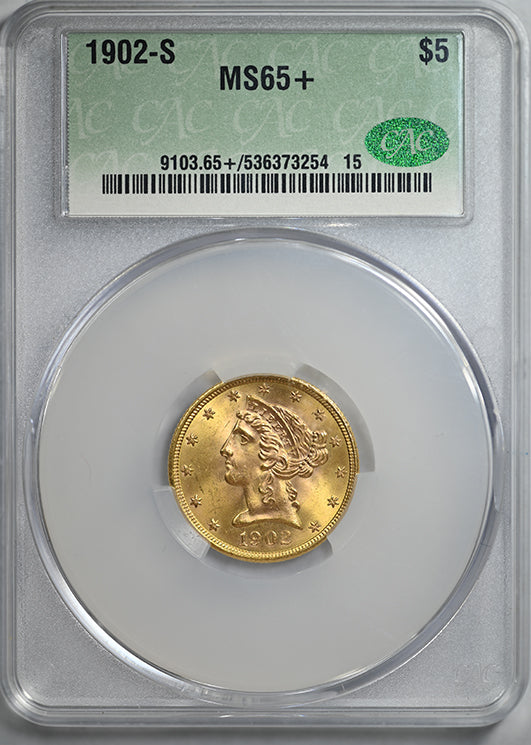 1902-S Liberty Head Gold Half Eagle $5 CAC MS65+