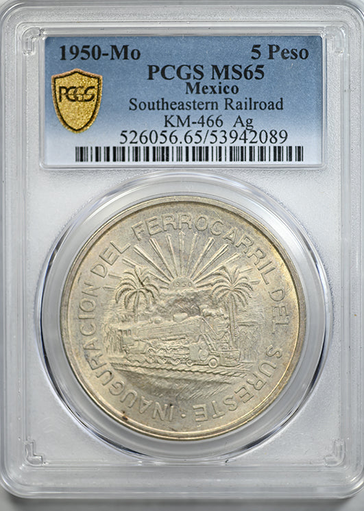 1950-Mo Mexico 5 Peso Southeastern Railroad PCGS MS65 KM-466